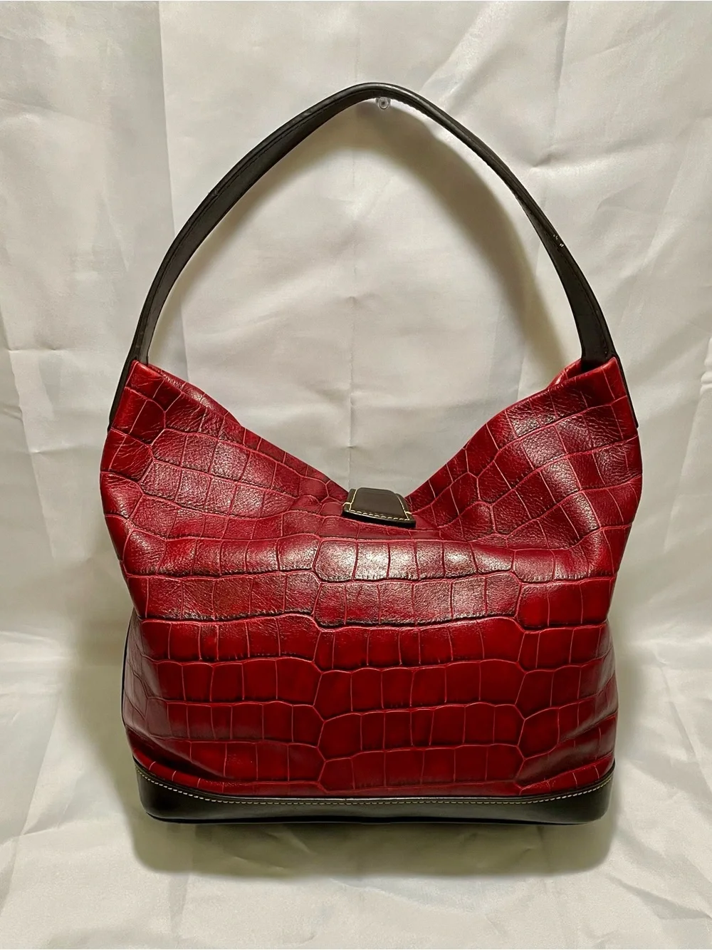 Dooney & Bourke Red Belvedere Crocodile Embossed Leather Logo Lock Hobo Bag
